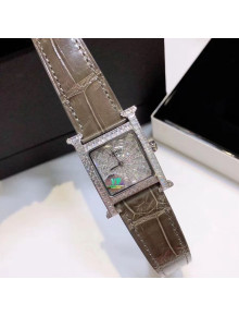 Hermes H-Our Crocodile Embossed Leather Crystal Watch 26x26mm Grey 2020