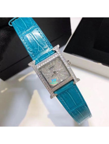 Hermes H-Our Crocodile Embossed Leather Crystal Watch 26x26mm Light Blue 2020