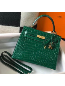 Hermes Kelly 25cm/28cm in Crocodile Embossed Calf Leather Green 2020 (Half Handmade)