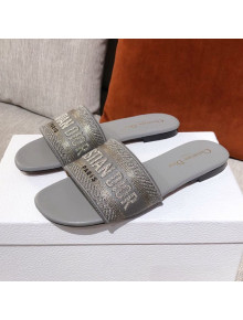 Dior Dway Embroidered Cotton Flat Slide Sandals Grey 2021