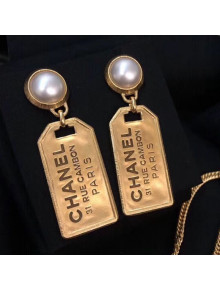 Chanel Metal Tag Pearl Short Earrings AB3278 2019