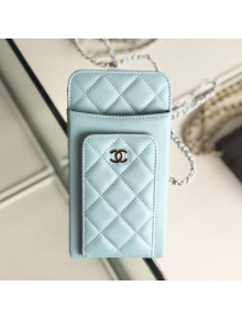 Chanel Quilted Lambskin Vertical Phone Holder/Classic Clutch with Chain AP0990 Blue 2019