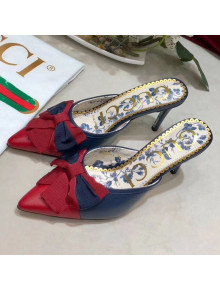 Gucci Leather Mid-heel Slide Mules with Web Bow ‎519569 Blue/Red 2018