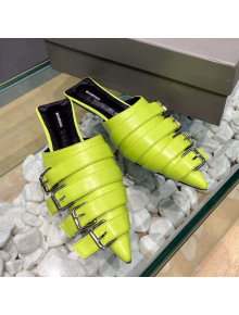 Balenciaga Shiny Lambskin Buckle Strap Flat Mules Kiwi Green 2021