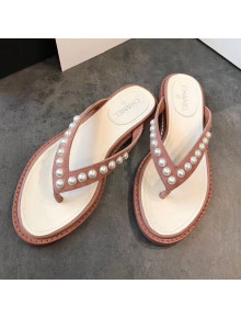 Chanel Flat Suede Pearl Slide Thong Sandal Light Pink 2019