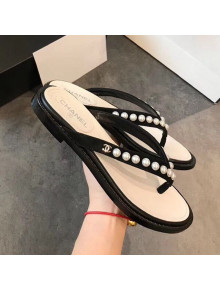 Chanel Flat Suede Pearl Slide Thong Sandal Black 2019