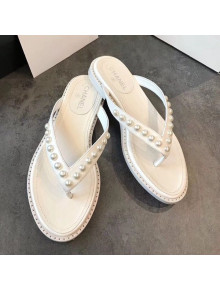 Chanel Flat Leather Pearl Slide Thong Sandal White 2019