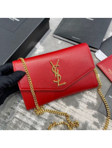 Saint Laurent Uptown Envelope Chain Wallet WOC in Grained Leather 607788 Red 2019