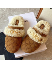 Celine Fur Slides Triomphe Slipper in Suede and Shearling Wool Brown 2021