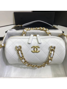 Chanel Quilted Lambskin Bowling Bag with Chain Top Handle White 2020