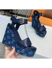 Louis Vuitton Leather & Monogram Canvas Wedge Sandal Blue 2020