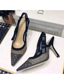 Dior "J'Adior" 9.5cm High-Heeled Pump in Dotted Swiss with Rhinestones Black 2018