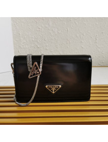 Prada Brushed Leather Shoulder Bag with Triangle logo Chain 1BD307 Black 2021