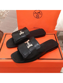 Hermes Auteuil Calfskin Fringe Flat Slide Sandal Black 2020