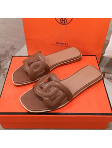 Hermes Aloha Calfskin Fringe Flat Slide Sandal Brown 2020