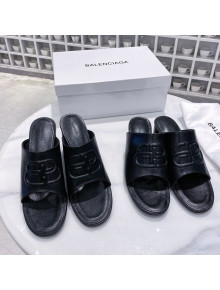 Balenciaga Oval BB Calfskin Heel Mules Slide Sandal All Black 2020