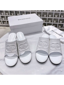 Balenciaga Oval BB Calfskin Heel Mules Slide Sandal All White 2020