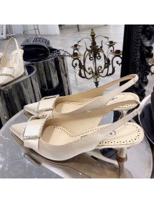 Manolo Blahnik Silk Mid-Heel Pump with Crystal Buckle Cream White 2019 