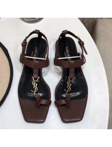 Saint Laurent YSL Calfskin Flat Thong Sandals Brown 2021