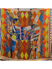 Hermes Cashmere Silk Patchwork Horse Shawl Scarf 140x140cm Orange 2020