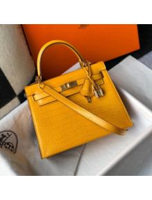 Hermes Kelly 25/28cm in Crocodile Embossed Calf Leather Amber Yellow/Gold 2019 (Half Handmade)