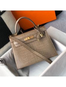 Hermes Kelly 25/28cm in Crocodile Embossed Calf Leather Dove Grey/Gold 2019 (Half Handmade)