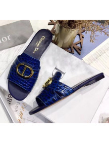 Dior 30 MONTAIGNE Mule Flat Sandals in Crocodile Pattern Calfskin Blue 2020