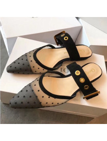 Dior Flat Leather Buckle Band Mules in Nude and Black Dotted Swiss 2019