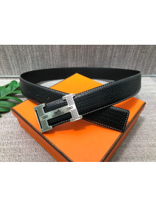 Hermes Lizard Embossed Calfskin Belt 3.8cm with H Buckle Black/Silver 2021