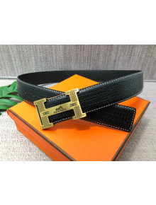 Hermes Lizard Embossed Calfskin Belt 3.8cm with H Buckle Black/Gold 2021