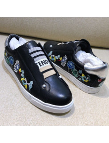 Fendi Slip-on Elastic Strap Sneakers in Black Embroidered Calfskin 2019