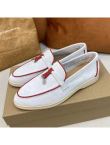 Loro Piana Tassel Suede Flat Loafers White/Red 202101 (For Women and Men)