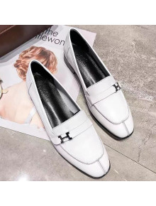 Hermes Calfskin Side H Buckle Flat Loafer White 2019