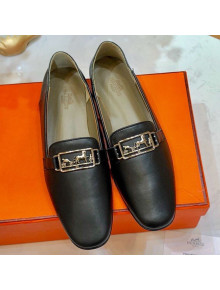 Hermes Vincennes Calfskin Flat Loafers Black 2019