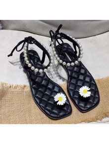 Peaceminusone Calfskin Little Daisy Sandal With Pearls Black 02 2020