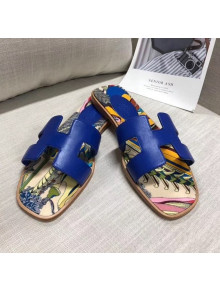 Hermes Calfskin Oran Sandal With "Fantaisie Botanique" Printed Canvas Blue 2020