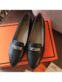 Hermes Kelly Calfskin Flat Loafers Black 