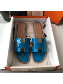 Hermes Patent Calfskin Leather Oran H Flat Slipper Sandals Peacock Blue