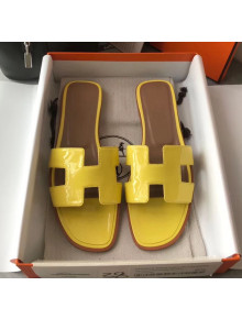 Hermes Patent Calfskin Leather Oran H Flat Slipper Sandals Yellow