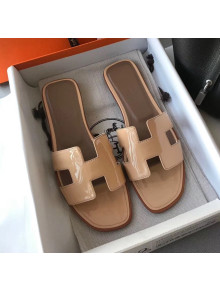 Hermes Patent Calfskin Leather Oran H Flat Slipper Sandals Nude