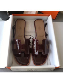 Hermes Patent Calfskin Leather Oran H Flat Slipper Sandals Burgundy/Apricot