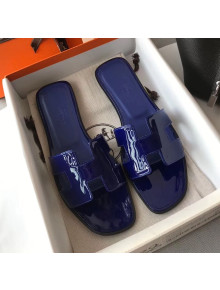 Hermes Patent Calfskin Leather Oran H Flat Slipper Sandals Electric Blue 02