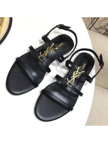 Saint Laurent YSL Calfskin Flat Sandals Black 2021