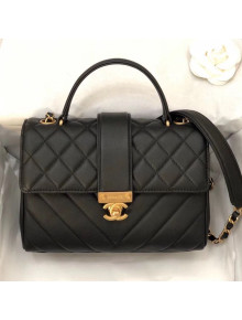 Chanel Quilted and Chevron Calfskin Flap Bag with Top Handle AS0804 Black 2019