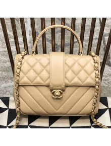 Chanel Quilted and Chevron Calfskin Flap Bag with Top Handle AS0804 Beige 2019