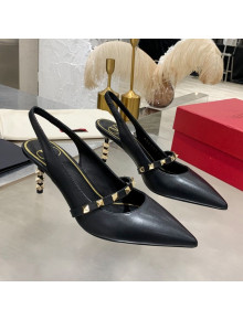 Valentino Roman Stud Calfskin Slingback Pumps with Sculpted Heel and Strap Black/Gold 2020