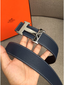 Hermes Litchi Grained Calfskin Belt 4 cm with H Buckle Navy Blue 2021