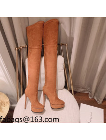 Casadei Elastic Suede Over-Knee High Platform Boots Clay Brown 2021