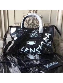 Balenciaga Graffiti Classic Small City Bag in Crumpled Lambskin Black/White F/W 2017