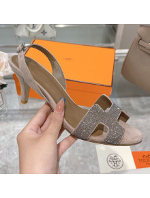 Hermes Suede Crystal Heeled Sandals 7cm Grey 2021